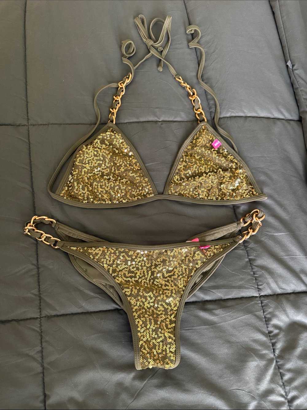 Sequin Triangle Bikini Set in Olive Green with Gold Chain Accents
